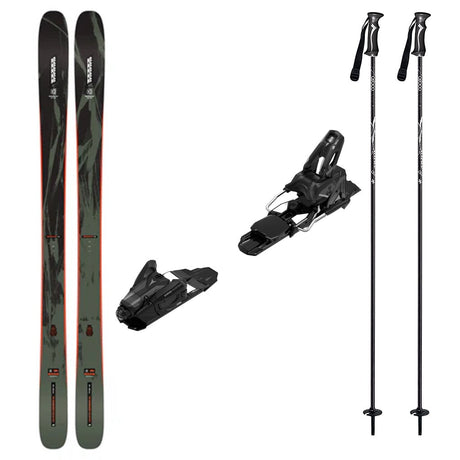 Mindbender101w_Strive14-Ski set with skis, bindings, and poles on a white background