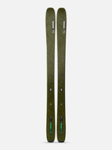 Mindbender106C- A pair of K2 ski tips in olive green, standing vertically against a light gray background.