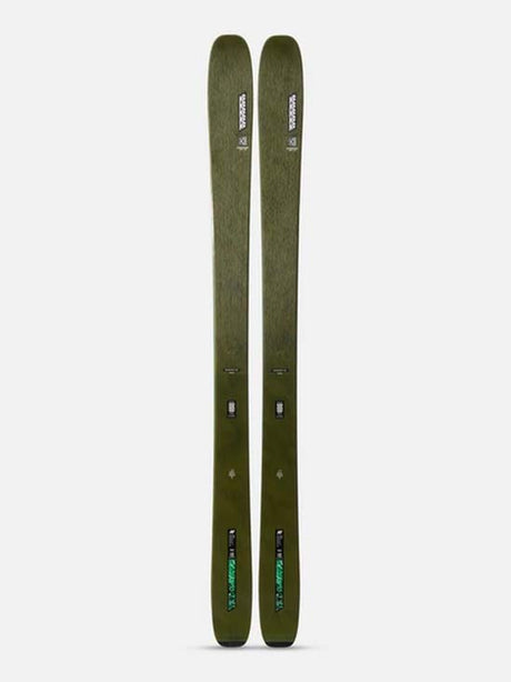 Mindbender106C- A pair of K2 ski tips in olive green, standing vertically against a light gray background.