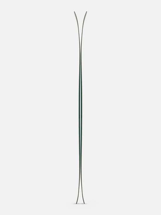 Mindbender106C- A pair of K2 ski tips in olive green, standing vertically against a light gray background.
