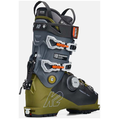 Mindbender110BOA-Green and gray ski boot with BOA system on a white background