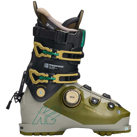 Mindbender130BOA-Green and black ski boot with BOA system on a white background