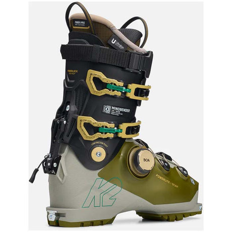 Mindbender130BOA-Green and black ski boot with BOA system on a white background