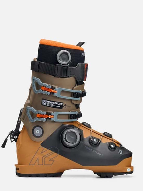 Mindbender140BOA- Brown and black ski boot with orange accents on a white background