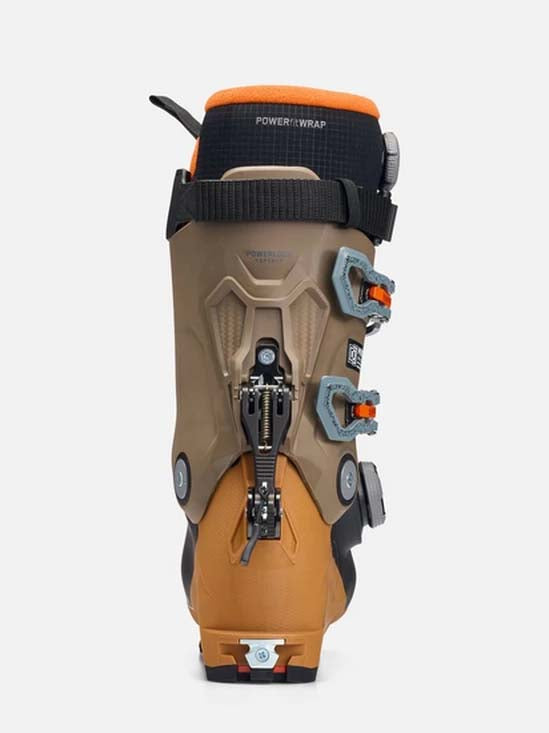 Mindbender140BOA- Brown and black ski boot with orange accents on a white background