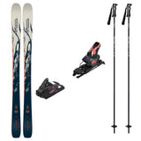 Mindbender88w_Strive12- A ski equipment set on a plain white background, including a pair of skis with blue and white graphics, two black ski bindings, and two black ski poles.