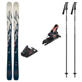 Mindbender88w_Strive12- A ski equipment set on a plain white background, including a pair of skis with blue and white graphics, two black ski bindings, and two black ski poles.