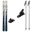Mindbender88w_Strive12- A ski equipment set on a plain white background, including a pair of skis with blue and white graphics, two black ski bindings, and two black ski poles.