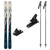 Mindbender88w_Strive12- A ski equipment set on a plain white background, including a pair of skis with blue and white graphics, two black ski bindings, and two black ski poles.