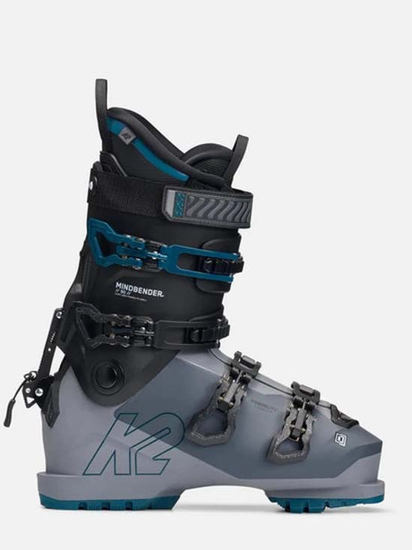 Mindbender90-A single K2 Mindbender ski boot in gray, black, and teal blue, shown from a side profile view against a light gray background.