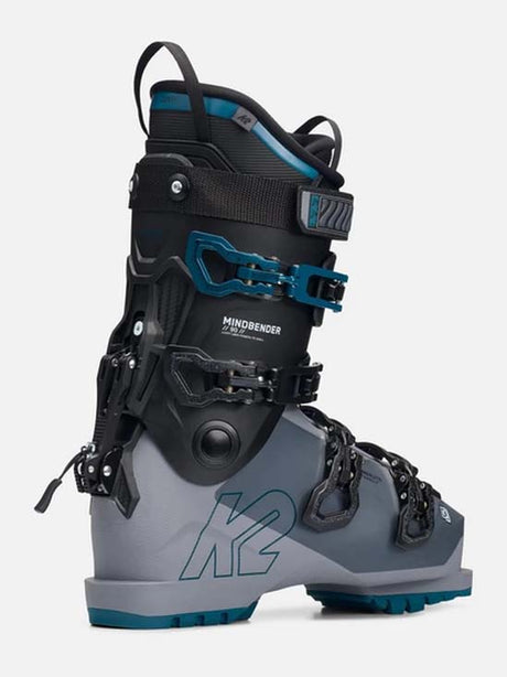 Mindbender90-A single K2 Mindbender ski boot in gray, black, and teal blue, shown from a side profile view against a light gray background.