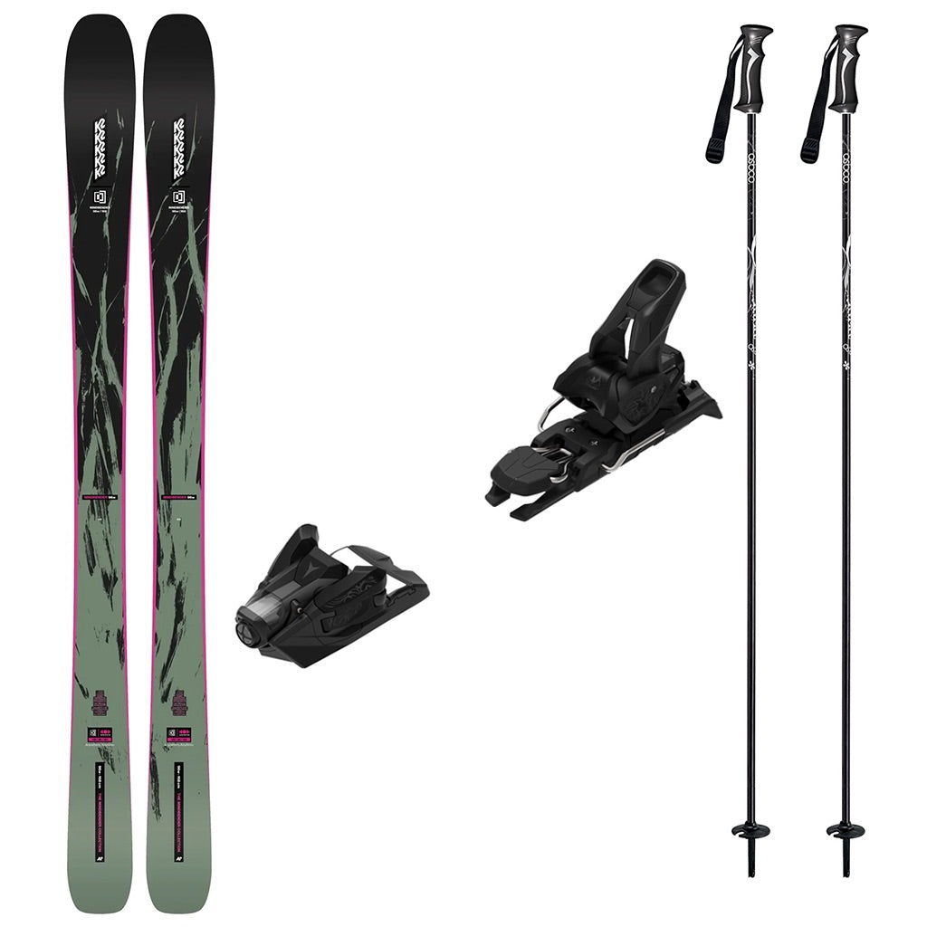 Mindbender96w_Strive12-A ski equipment set on a plain white background, including a pair of skis with black and gray graphics and pink accents, two black ski bindings, and two black ski poles with white branding.
