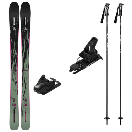 Mindbender96w_Strive12-A ski equipment set on a plain white background, including a pair of skis with black and gray graphics and pink accents, two black ski bindings, and two black ski poles with white branding.