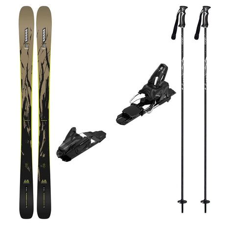 Mindbender96w_Strive14-A ski equipment set on a plain white background, including a pair of black and tan skis with yellow accents, two black ski bindings, and two black ski poles with white branding.