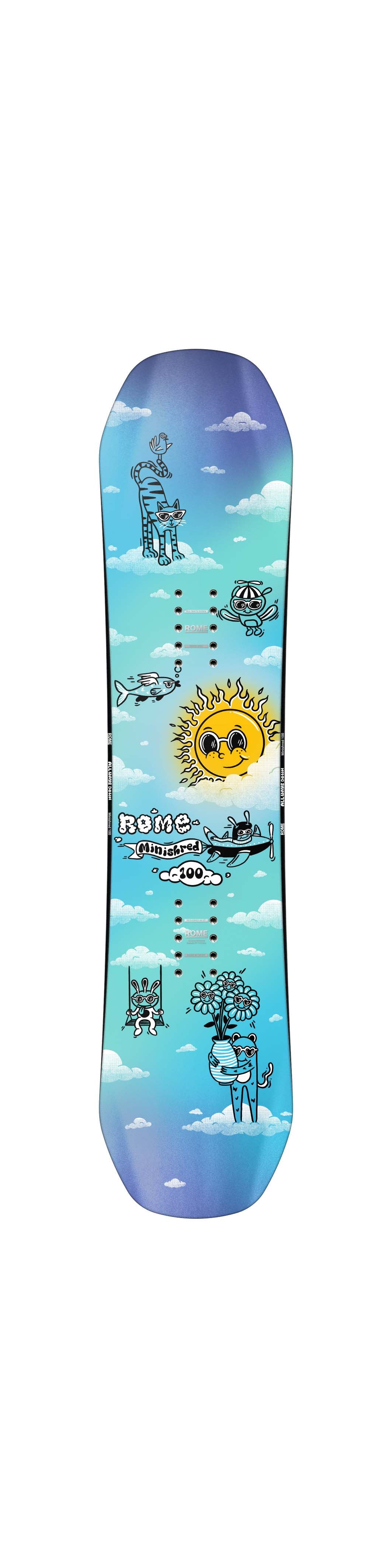 Minishred-Snowboard with a colorful design featuring a sun and clouds on a white background