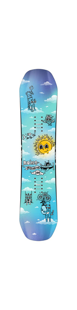 Minishred-Snowboard with a colorful design featuring a sun and clouds on a white background