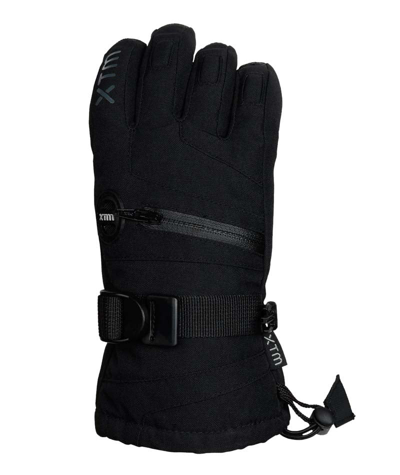 MisoIIGlove-A single black XTM ski glove with a horizontal zippered pocket, adjustable wrist strap, and thumb release buckle, shown against a plain white background.