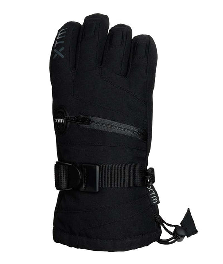 MisoIIGlove-A single black XTM ski glove with a horizontal zippered pocket, adjustable wrist strap, and thumb release buckle, shown against a plain white background.