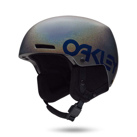 Mod1ProMips-Oakley ski helmet in a metallic iridescent finish with a dark blue Oakley logo on the side, featuring a black interior and chin strap, shown against a plain white background.