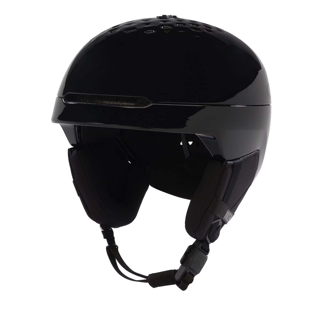 Mod3AF-A glossy black ski helmet with a matching black chin strap, shown from a three-quarters angle against a solid white background.