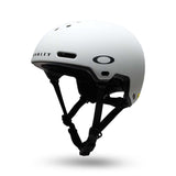ModPrk- A matte white Oakley helmet with black chin straps, featuring the Oakley logo on the side, shown against a plain white background with a soft drop shadow.