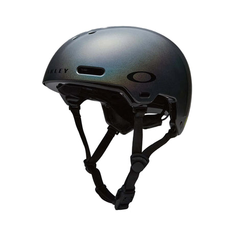 ModPrk-Oakley ski helmet in a dark metallic gray with an iridescent blue-green sheen, featuring black straps and the signature Oakley logo on the side.