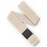 Momentum-A beige woven web belt with a black plastic buckle, displayed on a clean white background.