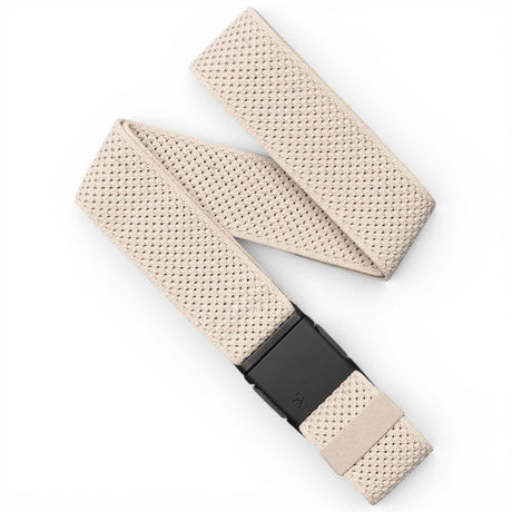 Momentum-A beige woven web belt with a black plastic buckle, displayed on a clean white background.