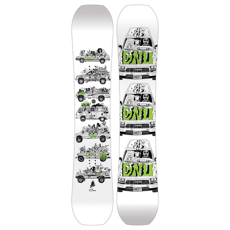 MoneyS- Two views of a snowboard deck with graphic designs on a white background