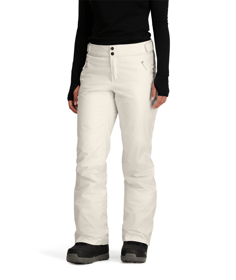 WSallyInsulatedPant-White snow pants worn by a person on a white background