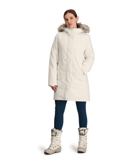 W Arctic Parka-Woman wearing a white winter coat with fur hood on a white background