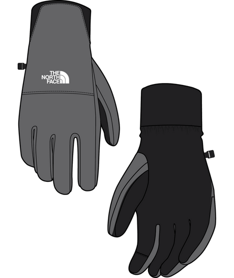 W Shelbe Raschel Etip Glove-Gray and black gloves with The North Face logo on a transparent background