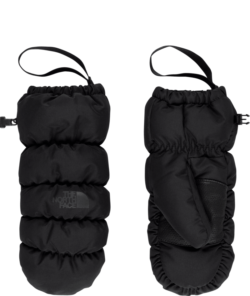 Montana Puffer Mitt-Pair of black mittens with The North Face logo on a transparent background