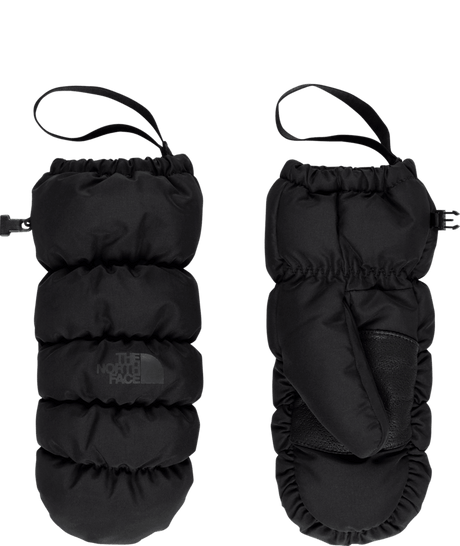 Montana Puffer Mitt-Pair of black mittens with The North Face logo on a transparent background