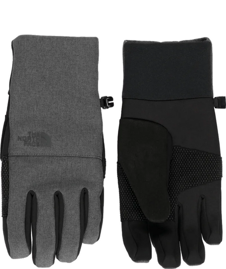 MApexInsulatedEtipGlove-Pair of gray and black gloves with The North Face logo on a white background