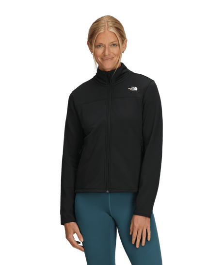 W Cedar Trail Grid Fleece Jacket-Woman wearing a black jacket with a brand logo on a transparent background