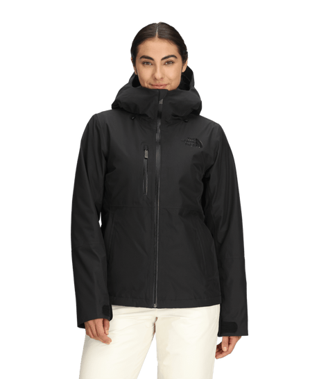 W Descendit Jacket-Person wearing a black jacket with a hood on a transparent background