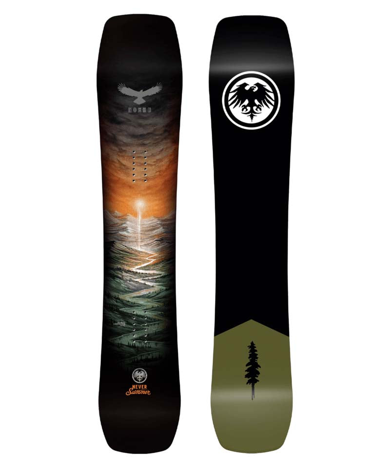 NOKHU- Black snowboard with a sunset over mountains on the top sheet and a black and green base