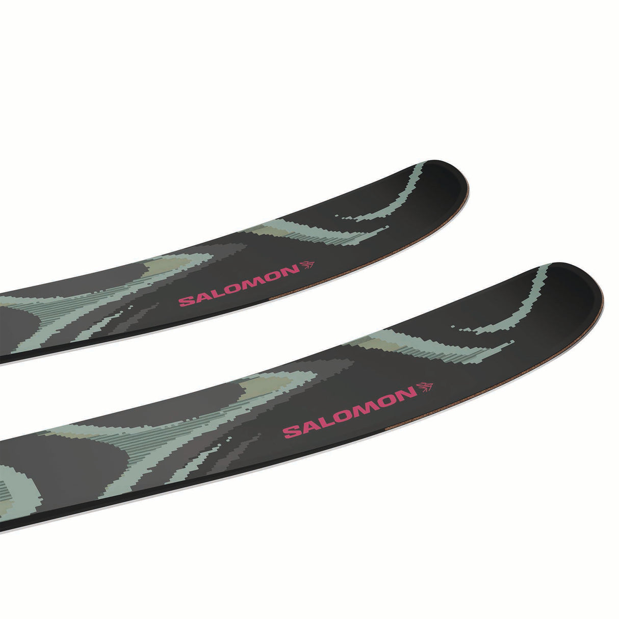 NQST100-Two skis with green and black design and Salomon branding on a white background