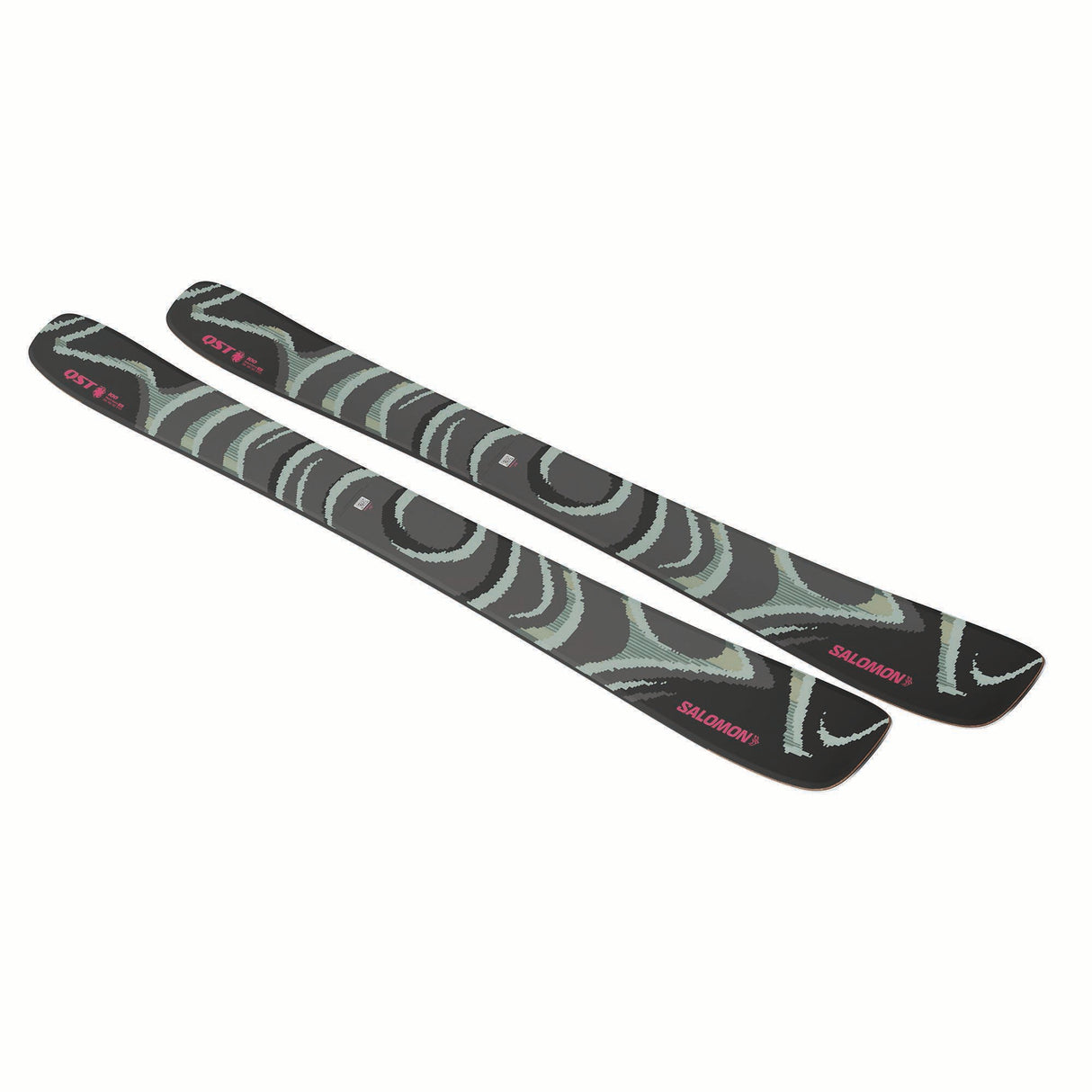 NQST100-Two green and black patterned skis on a white background