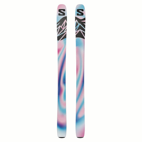 NQST106ALMONDMILK-Colorful skis with a tie-dye pattern on a white background