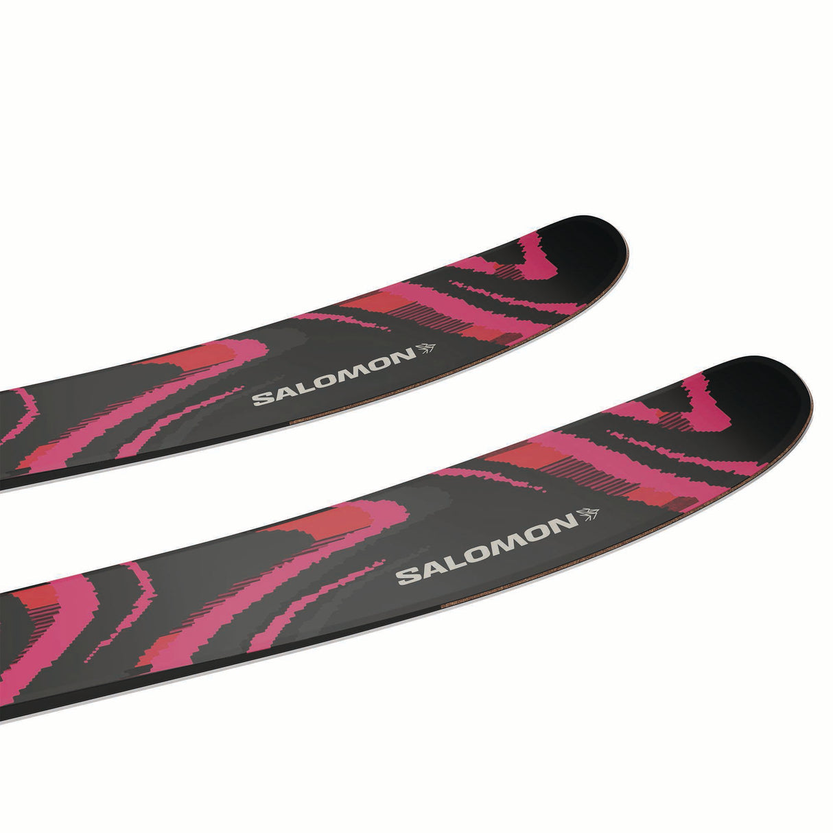 NQST106BLACKPINK-Two skis with pink and black design on a white background, featuring the Salomon brand.