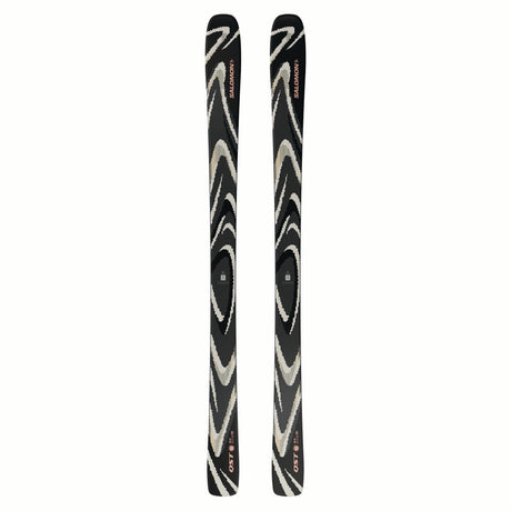 NQST94BLACK-Pair of black and white skis with a brand logo on a white background