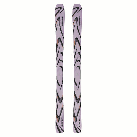 NQST94LILAC-Pair of purple skis with black patterns on a white background