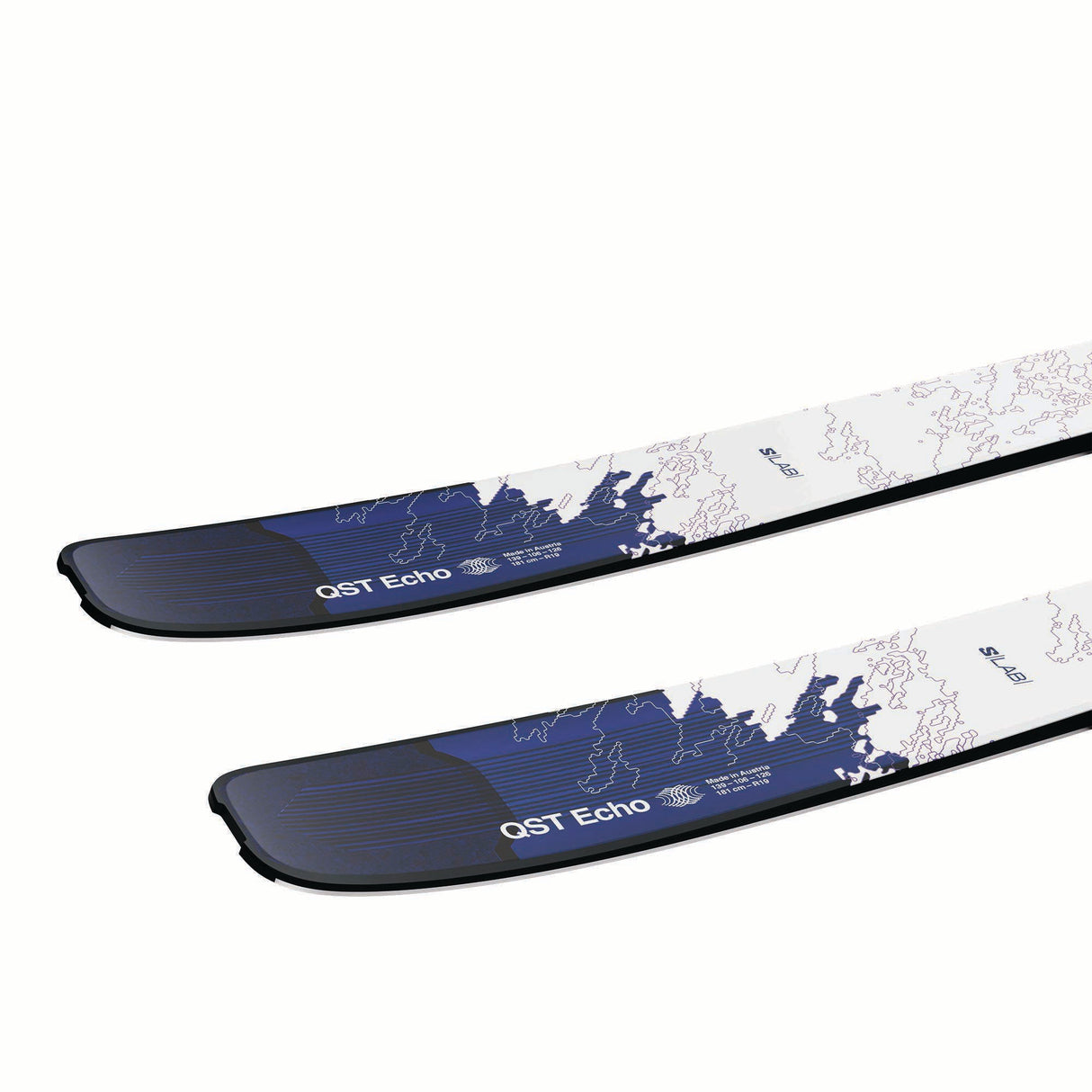 NSLABQSTECHO-Two skis with blue and white design on a white background