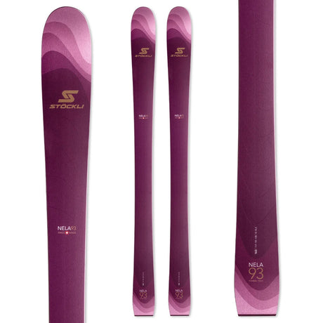 Nela93-Three views of a Stockli Nela 93 ski shown on a plain white background, displaying the front blade, side profile, and rear blade with gold branding and a pink-to-purple gradient design.