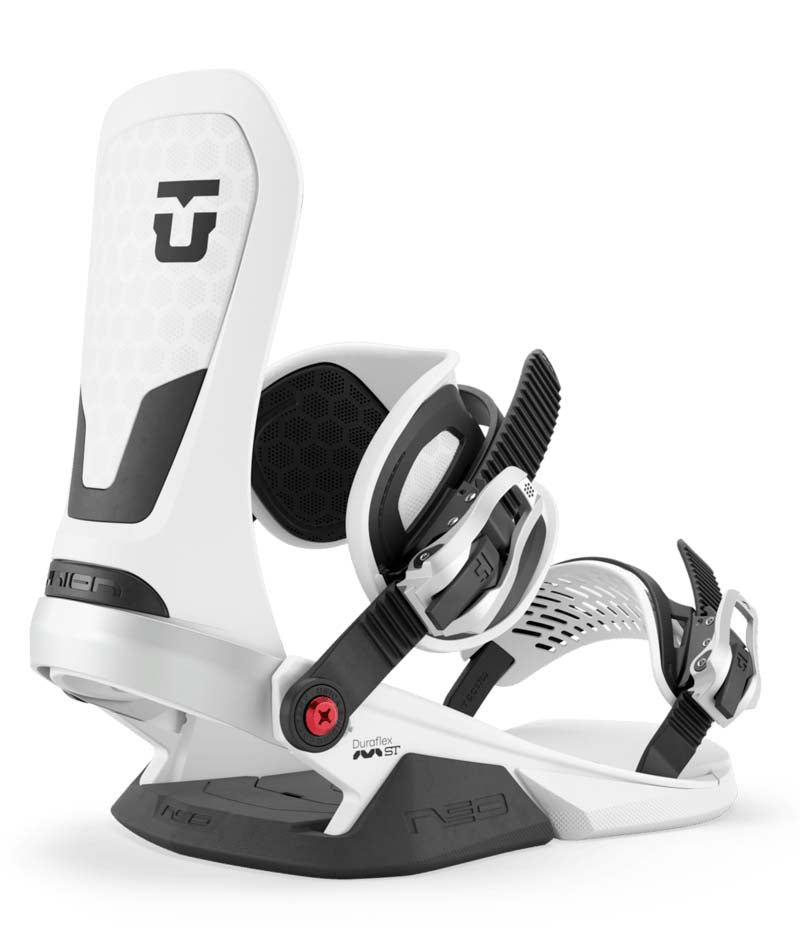 Neo-White snowboard binding with 'Union' branding on a white background