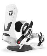 Neo-White snowboard binding with 'Union' branding on a white background