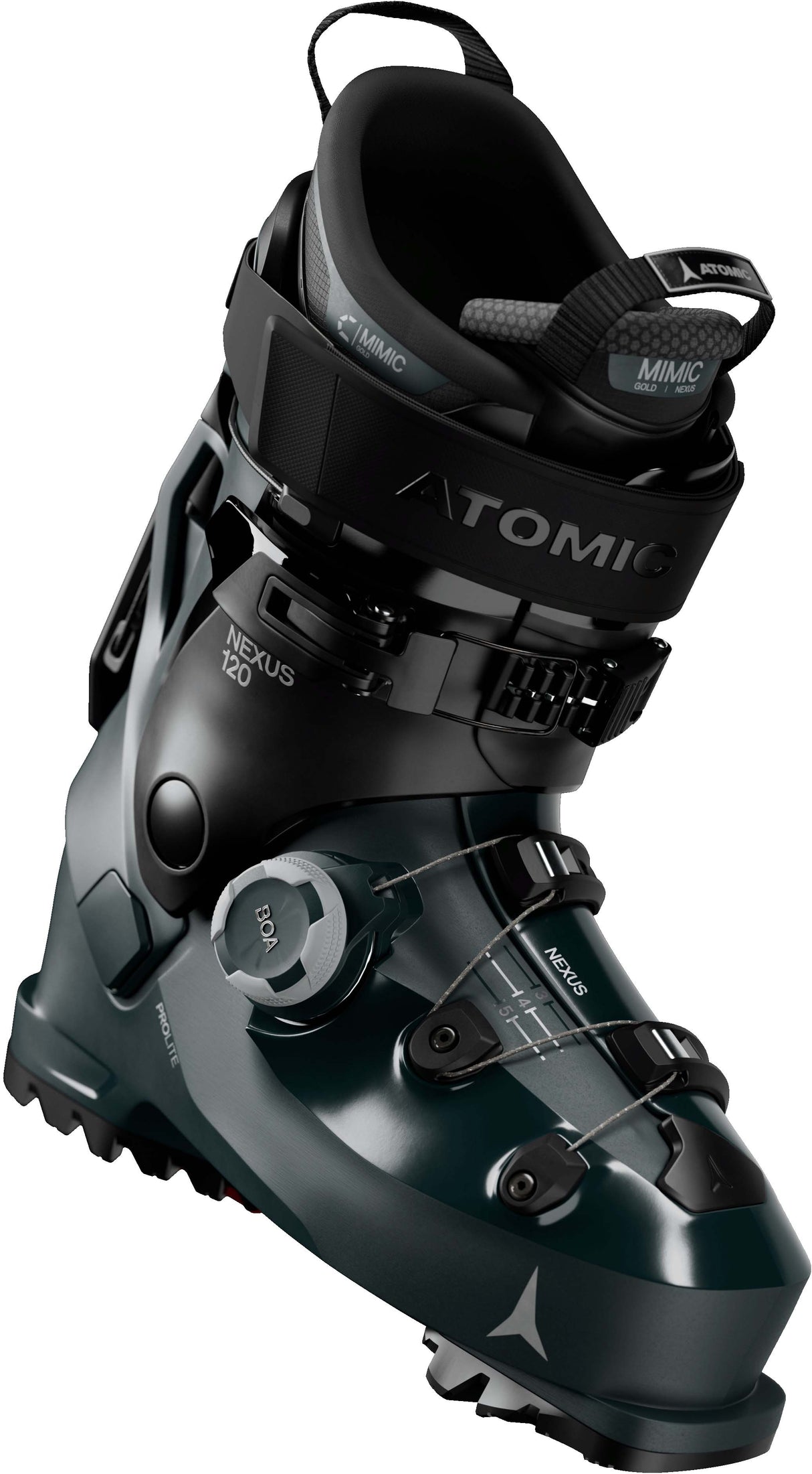 Nexus120BOA- Black Atomic ski boot on a white background