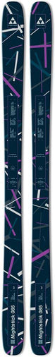 Nightstick86- A pair of skis in a dark navy blue colorway with a geometric pattern of pink, purple, and white lines, featuring the Fischer logo and 'Nightstick 86' text.